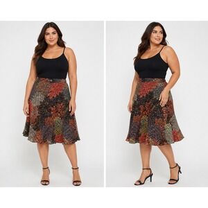 Miss Ashley Womens L Paisley Peacock Print Midi Skirt Multi-Color Elastic Waist